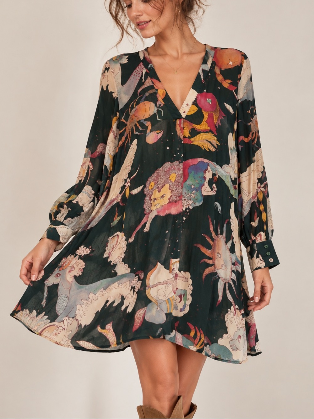 Hod Paris Graziella Zodiac Celestial Dress Rare Viscose Flowy Boho French Size S